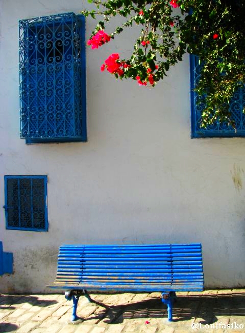 Bancos azules y solitarios que invitan a sentarse en Sidi Bou Said