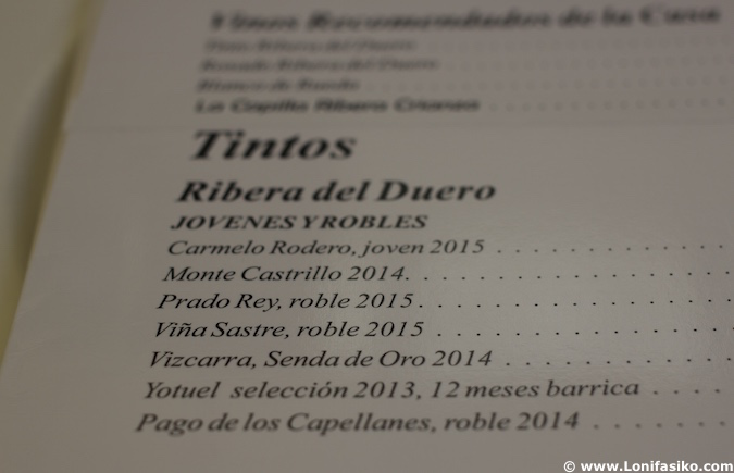 Carta vinos del restaurante Rincón de España en Burgos